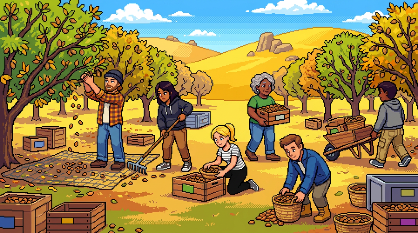 Pixel-art almond grove at harvest with a diverse group of workers shaking branches, raking and gathering nuts into crates and baskets