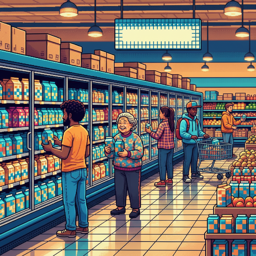 A diverse group of young professionals and families in a brightly lit, modern urban grocery store, gathered near a sleek glass-fronted dairy case, selecting premium milk cartons while discussing labels and laughing.