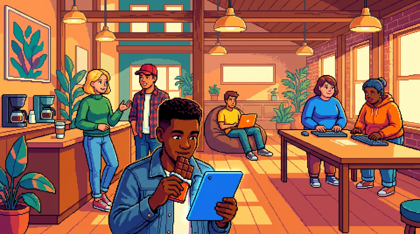 A diverse group of office workers and creative professionals in a sunlit modern communal workspace, some snapping off pieces of chocolate bars while looking at digital tablets and others engaged in focused conversation.