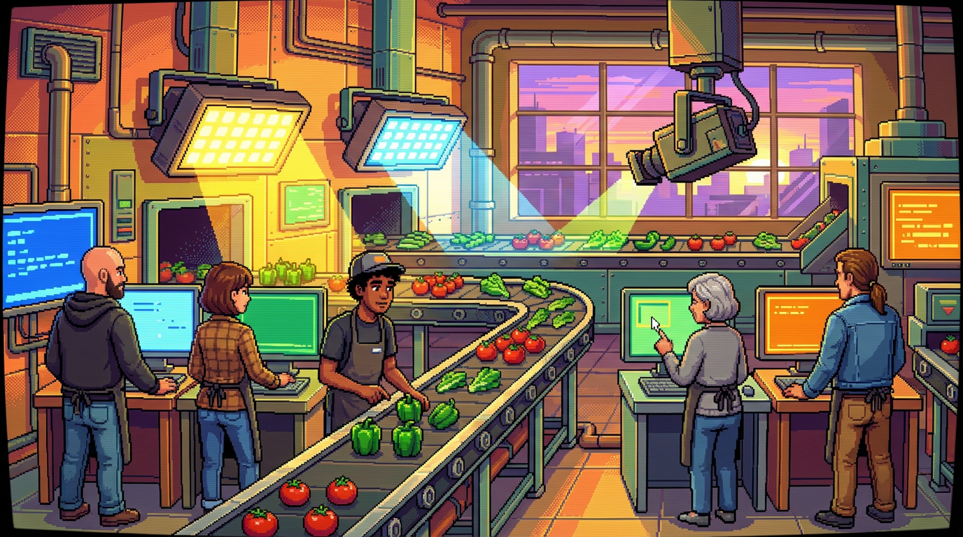 A wide pixel-art scene of a modern food processing facility where diverse technicians monitor digital tablet screens as rows of vegetables pass under high-speed cameras and glowing sensors.