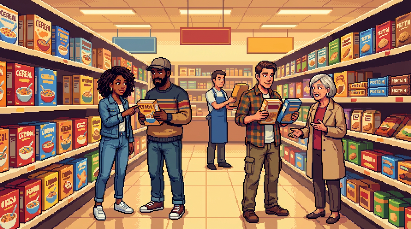 A bustling modern grocery store aisle where shoppers are examining colorful cereal boxes and protein bars, with a clear focus on a diverse group of people comparing nutritional labels in a vibrant, pixel-art style environment.