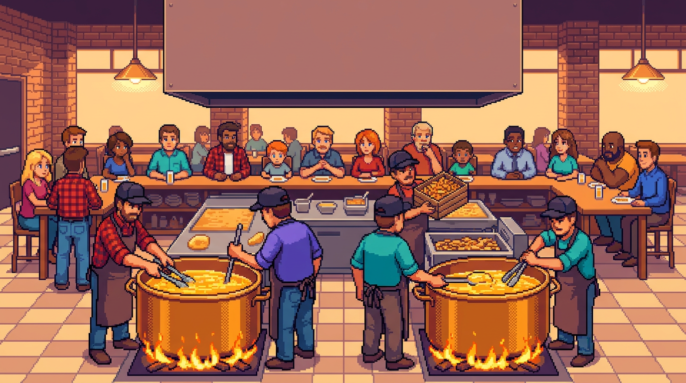 A bustling open-concept steakhouse kitchen where chefs are hand-rendering blocks of golden beef fat and tossing thick-cut fries into traditional copper vats, while diners watch from a distance.