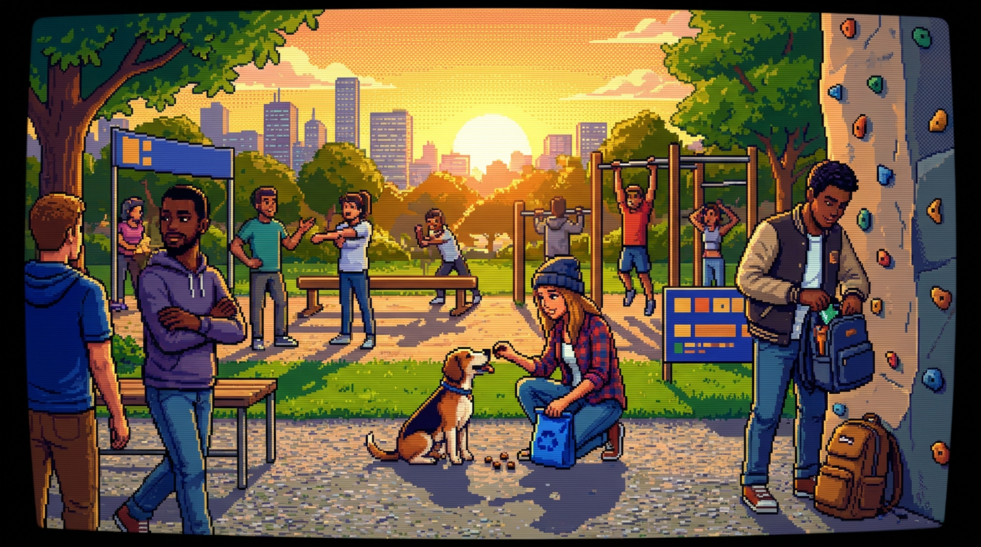 A diverse group of modern young professionals at an outdoor training park, one feeding a small dog a treat from a sleek recycled pouch while another reaches for a minimalist protein bar near a climbing wall during a sunset session.