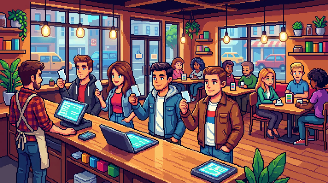 A bustling modern bistro where a diverse group of young professionals are scanning digital membership cards at a sleek counter, while others sit at tables marked with reserved membership plaques, all wearing stylish contemporary urban attire.