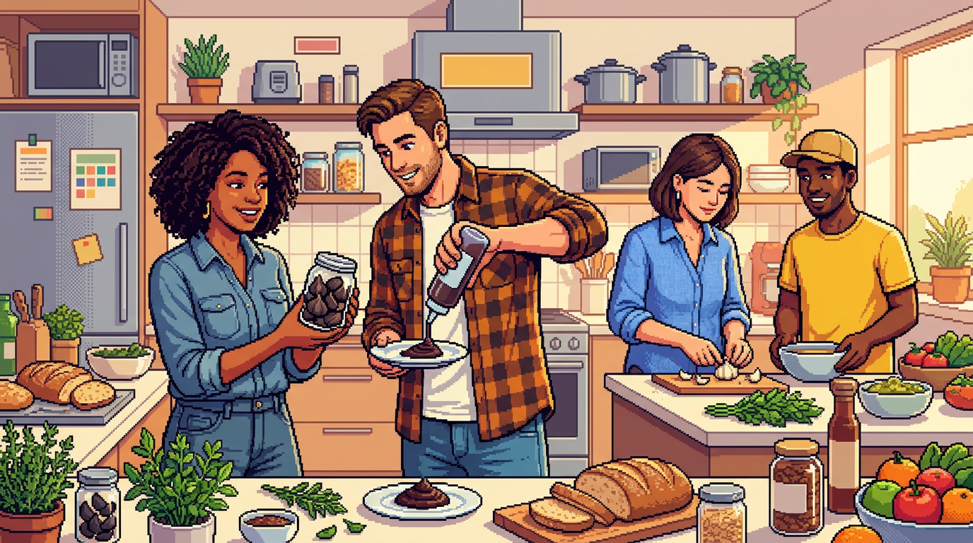 A diverse group of home cooks in a bright, modern kitchen experimenting with jars of black garlic cloves and squeeze bottles of dark paste, wearing casual denim and linen clothing, surrounded by fresh herbs and artisan bread.