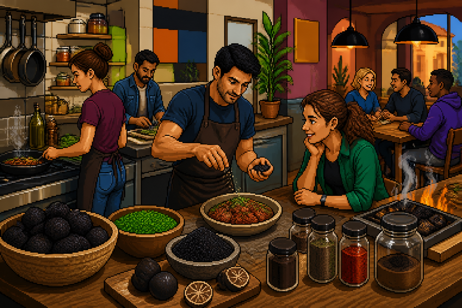 Pixel-art elderly Iraqi spice trader kneeling beside wooden trays of black limes on a Gulf rooftop at sunset