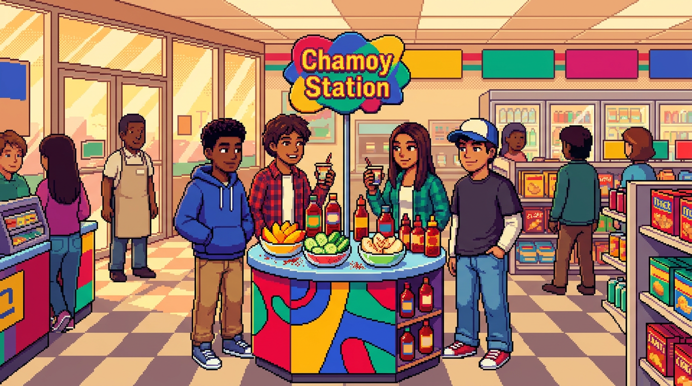 A pixel-art scene of a brightly lit modern convenience store where diverse teenagers are gathering around a colorful 'Chamoy Station' featuring tajin-sprinkled fruit and bottled sauces.