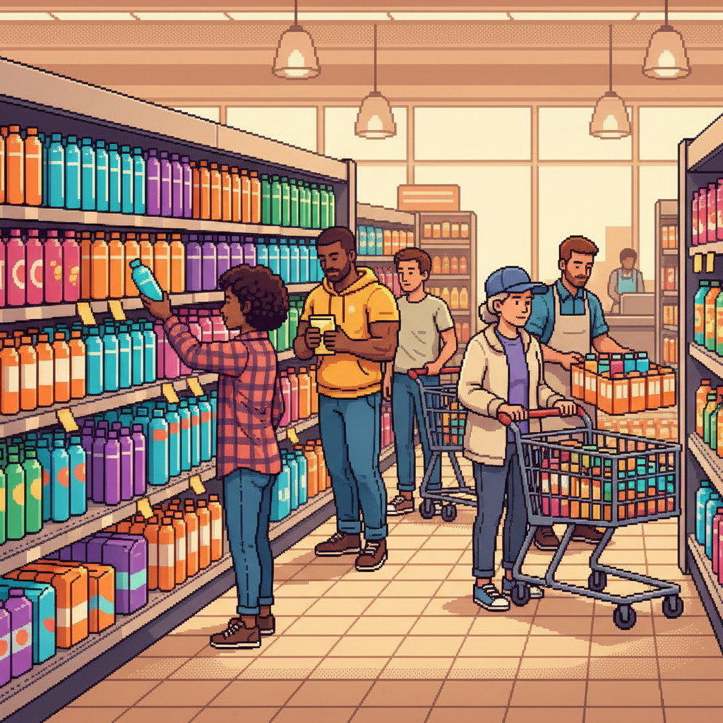A diverse group of active adults in modern athletic wear walking through a bright, sunlit urban park, several individuals are drinking from transparent bottles containing vibrant, translucent pink and neon-blue beverages that resemble flavored water.