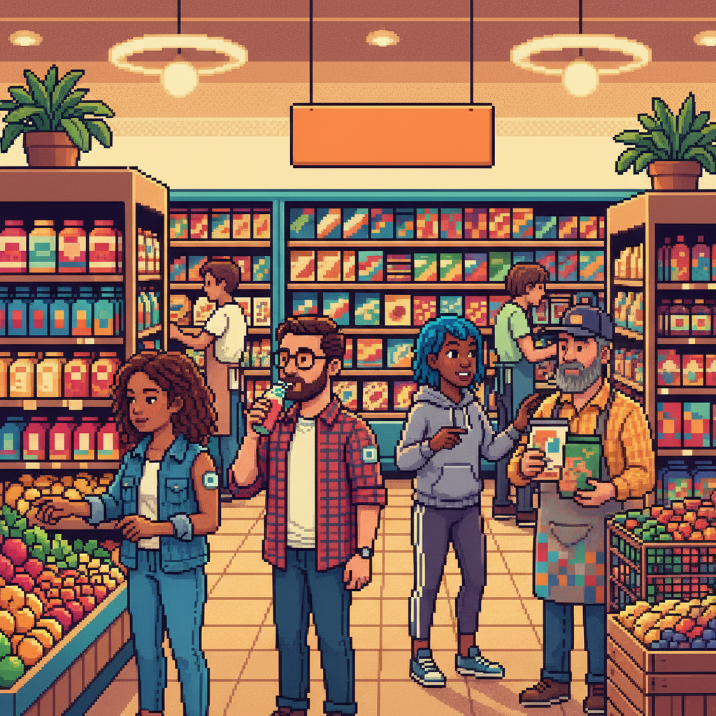 A group of active adults in their 30s and 40s gathered around a modern kitchen island with groceries; one woman checks a sleek smartphone app showing a digital graph while others look on, showcasing a wearable patch on her upper arm.