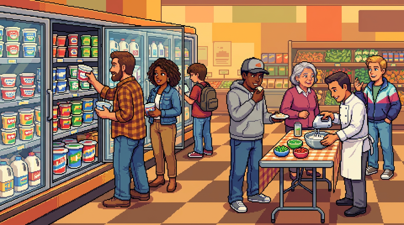 A vibrant pixel-art scene of shoppers at a modern dairy case, with people of various ages reaching for colorful tubs of cottage cheese while a chef-led demo nearby whips cheese into a dip.