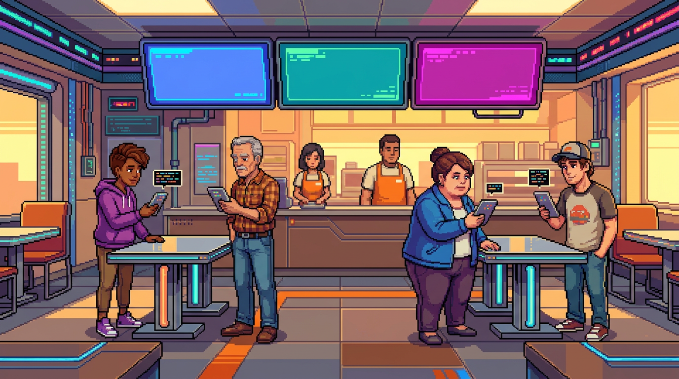 A bustling cyberpunk-style fast-food restaurant where digital overhead menus softly glow with changing prices as a diverse crowd of diners checks their smartphones.