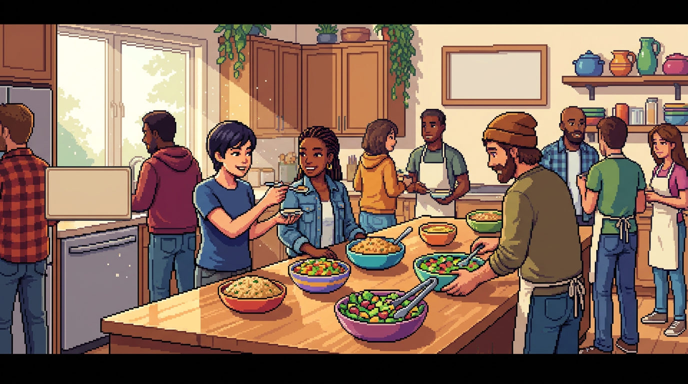 A diverse group of culinary professionals and home cooks gathered around a modern kitchen island, sampling colorful bowls of fonio pilaf and salads, wearing casual aprons and streetwear, vibrant sunlight through a large window.