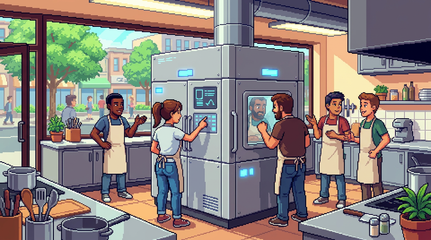 A diverse group of culinary staff in a modern kitchen standing around a sleek, stainless steel modular bio-digester unit, glowing with soft blue LED indicators, while a window in the background shows a bustling green city street.
