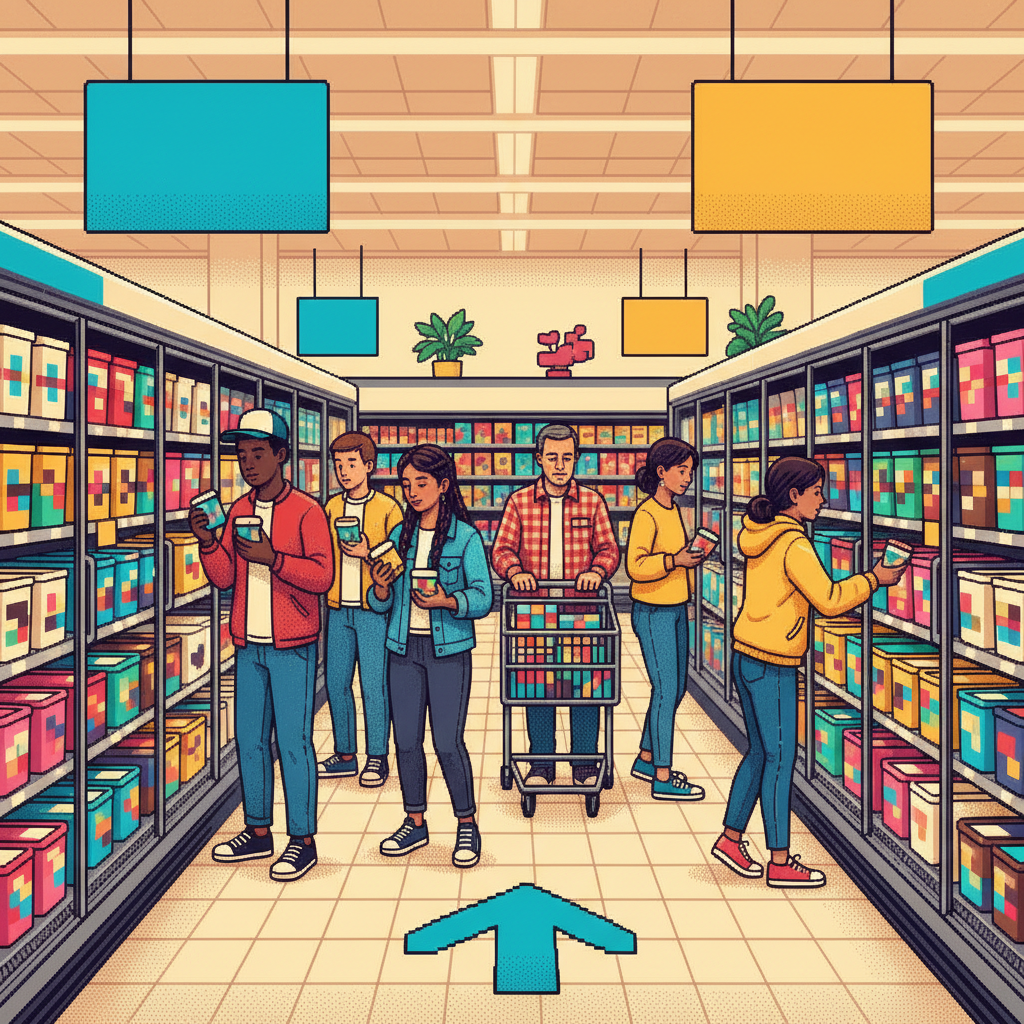 A high-angle view of a bright, modern organic grocery store aisle where diverse people in stylish leisurewear and professional attire are browsing the frozen section. A young athlete examines a pint container, a couple discusses nutritional labels, and a store clerk restocks a vibrant shelf of colorful premium frozen desserts. The atmosphere is clean, airy, and bustling.