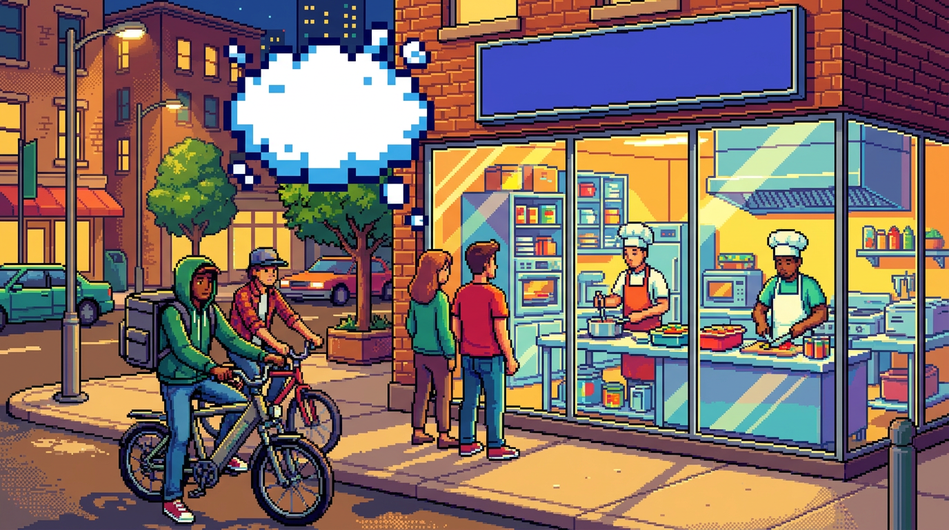 A busy urban street at night featuring a sleek shared kitchen facility where various delivery riders on e-bikes wait while chefs inside prep vibrant takeout containers.