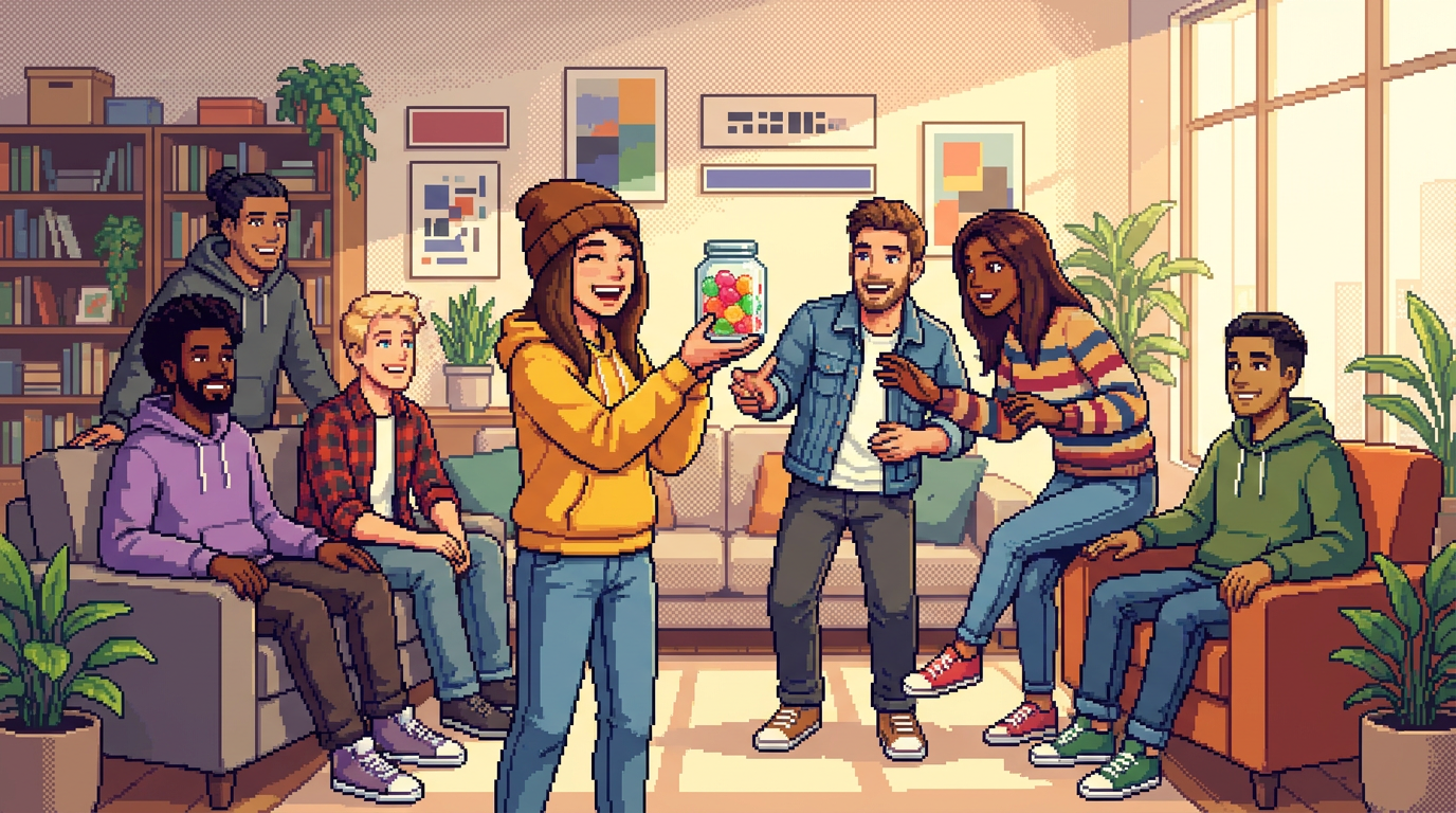 A group of diverse friends in a sunlit modern apartment lounge, one person holding a stylish glass jar of colorful translucent gummies while others laugh and reach for some, wearing stylish casual hoodies and denim.