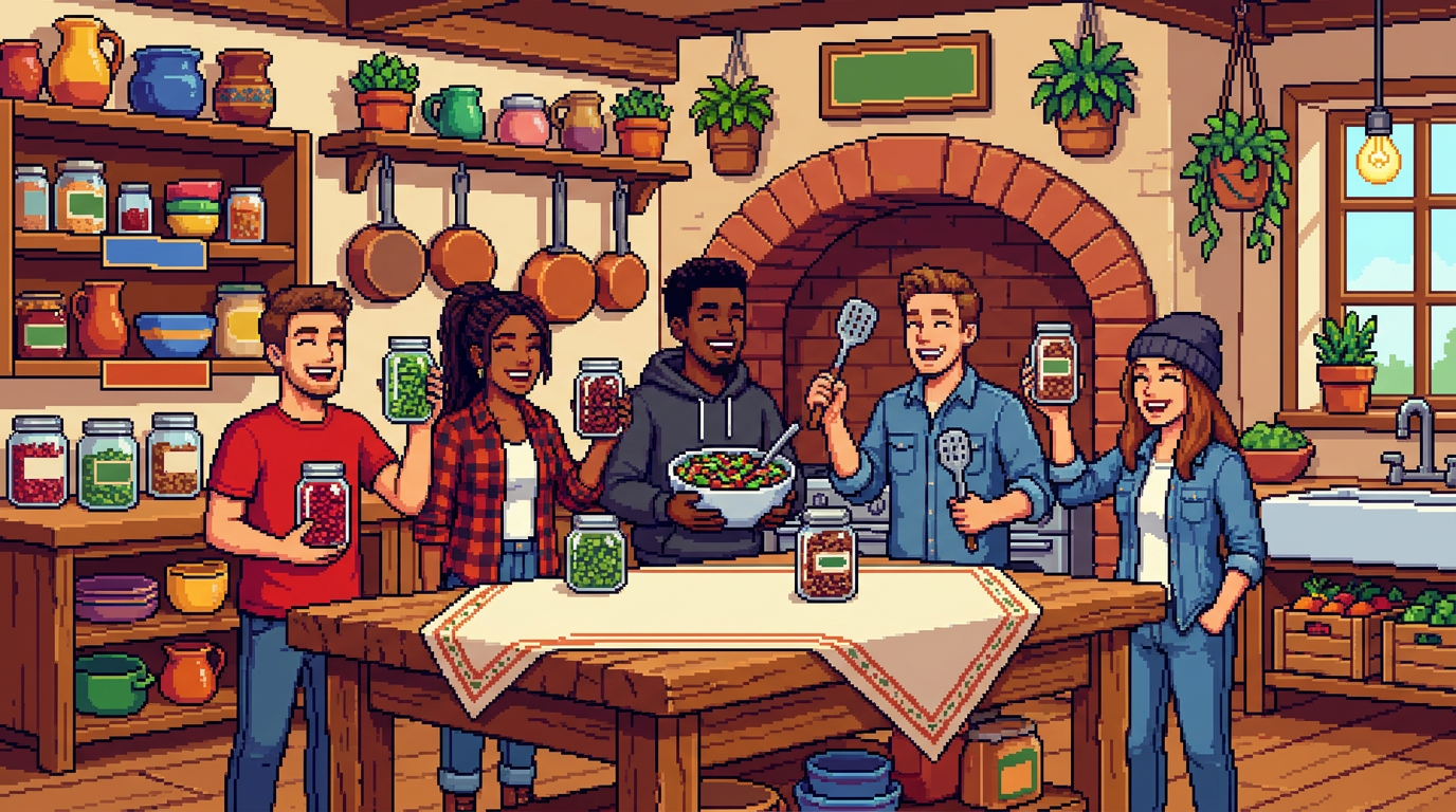 A group of diverse suburban foodies gathered around a rustic kitchen island, laughing while preparing a gourmet bean salad, holding glass jars of vibrant speckled beans, dressed in modern cotton shirts and denim.