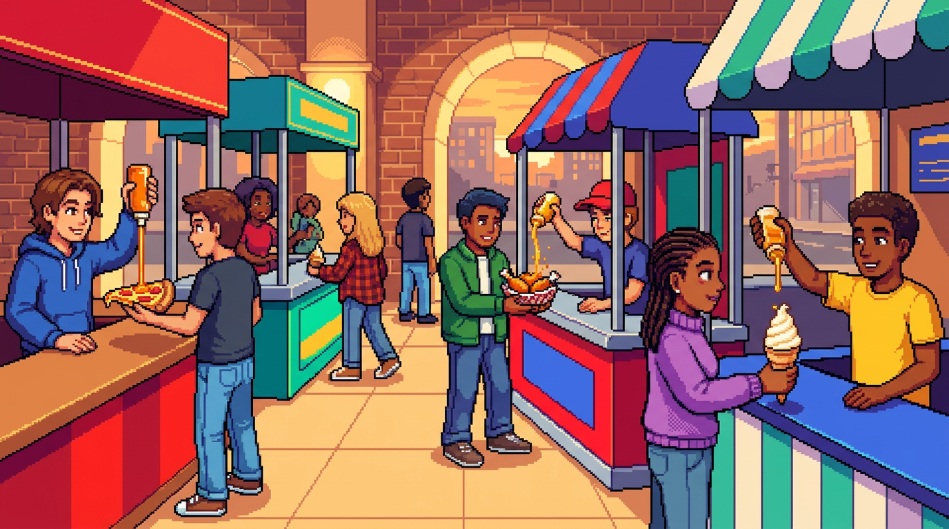 A bustling city food hall where diverse people are drizzling spicy honey over pizza, fried chicken, and soft-serve ice cream at various kiosks.