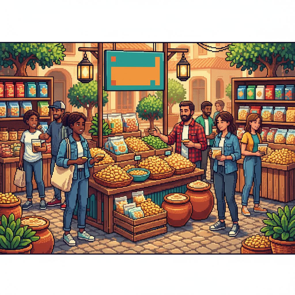 A wide, vibrant scene in a modern metropolitan open-air market where diverse professionals in stylish casual wear are gathered around a gourmet food stall. Several people are tasting artisanal snack pouches and vibrant salads featuring small yellow beans, while others talk animatedly in the background near a sleek, wood-paneled food truck.