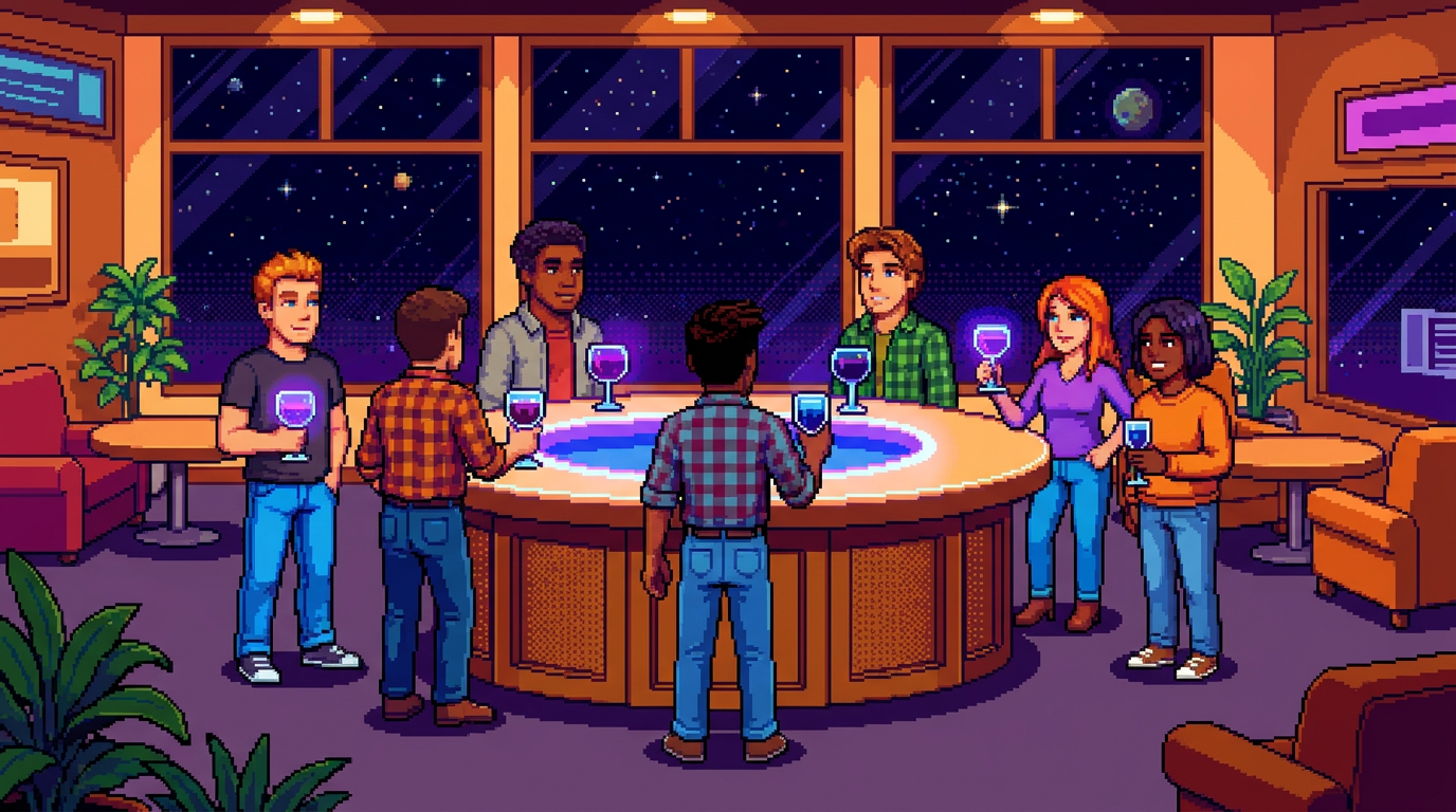 A pixel-art scene of a cozy modern lounge where people are gathered around a circular bar, sipping glowing violet and deep blue drinks from stemmed glassware under a starry night sky visible through large glass windows.