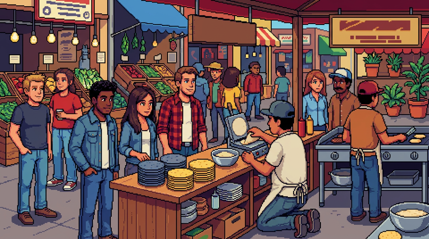 A bustling modern neighborhood market scene where a diverse group of young professionals and families explore a vibrant taco bar and artisanal tortilla stand. People in colorful casual wear are examining beautiful blue and yellow corn tortillas while a chef prepares fresh masa in the background.