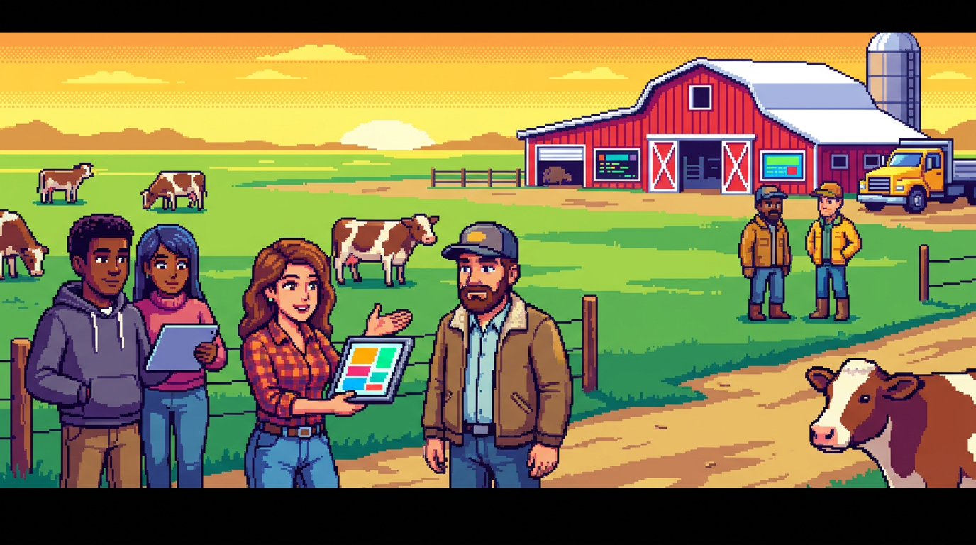 A diverse group of ranchers and scientists in pixel art style standing in a sprawling green pasture with cattle, discussing data on digital tablets near a modern barn.