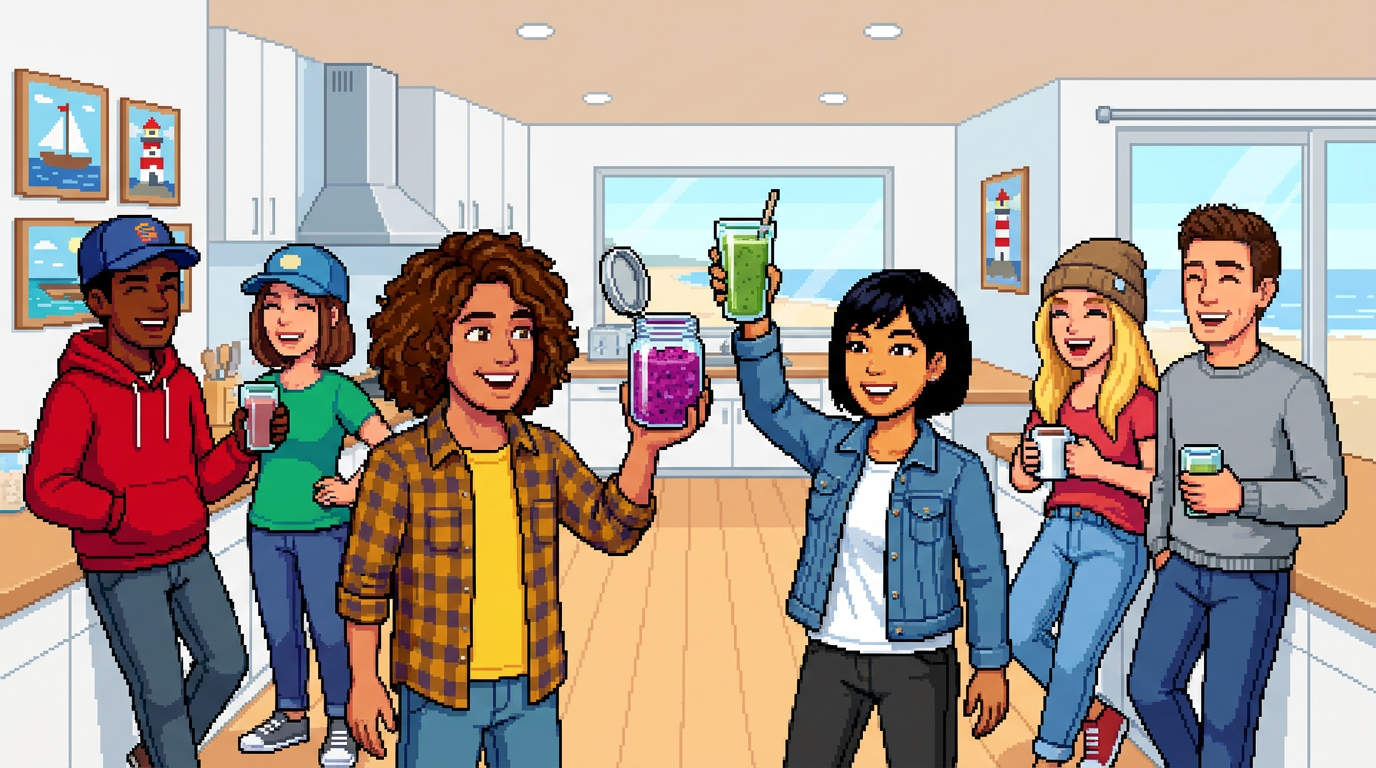 A group of diverse young adults in a bright modern kitchen, one person is opening a jar of purple sea moss gel, others are holding smoothies and laughing, minimalist coastal decor in the background.