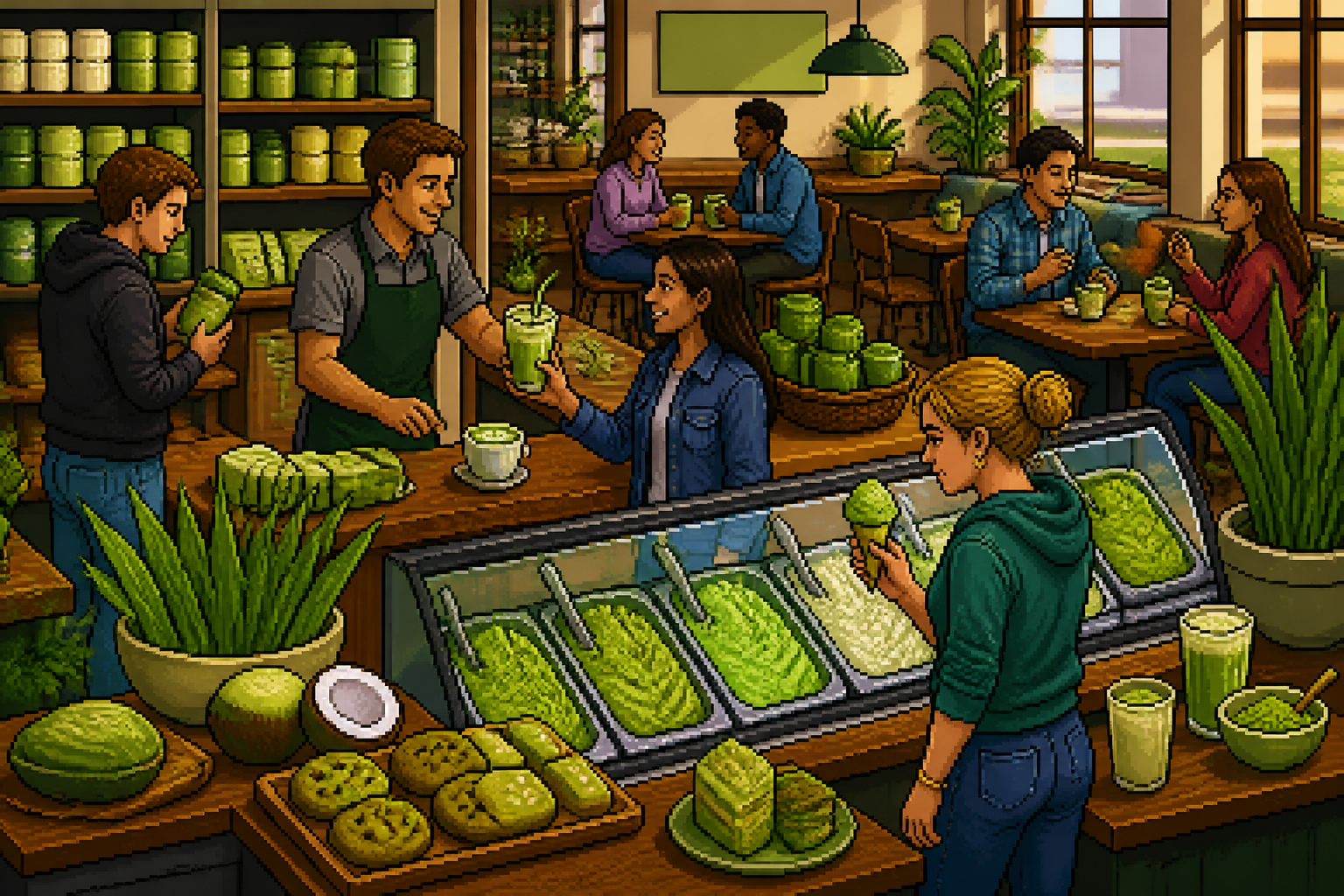 Pixel-art Filipina barista serving a bright green pandan latte at a tropical golden-hour counter