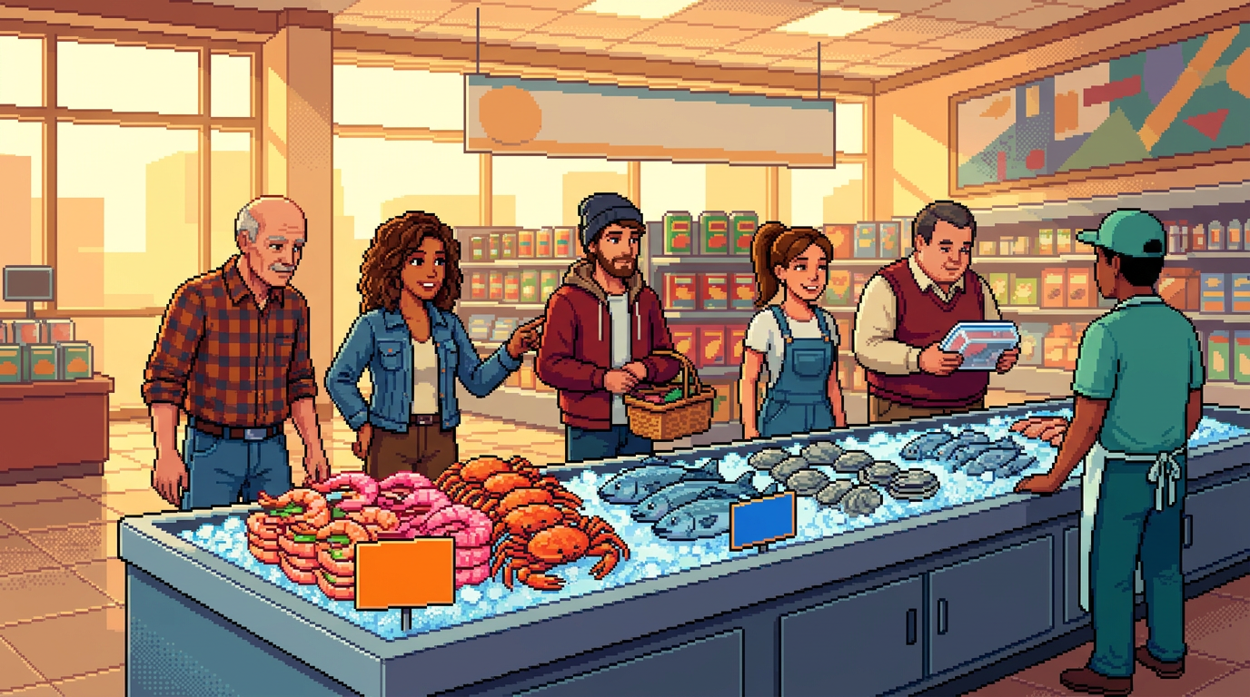 A bustling modern grocery store seafood department where a diverse crowd of shoppers examines vibrant pink plant-based shrimp and crab legs displayed on ice next to traditional catches.