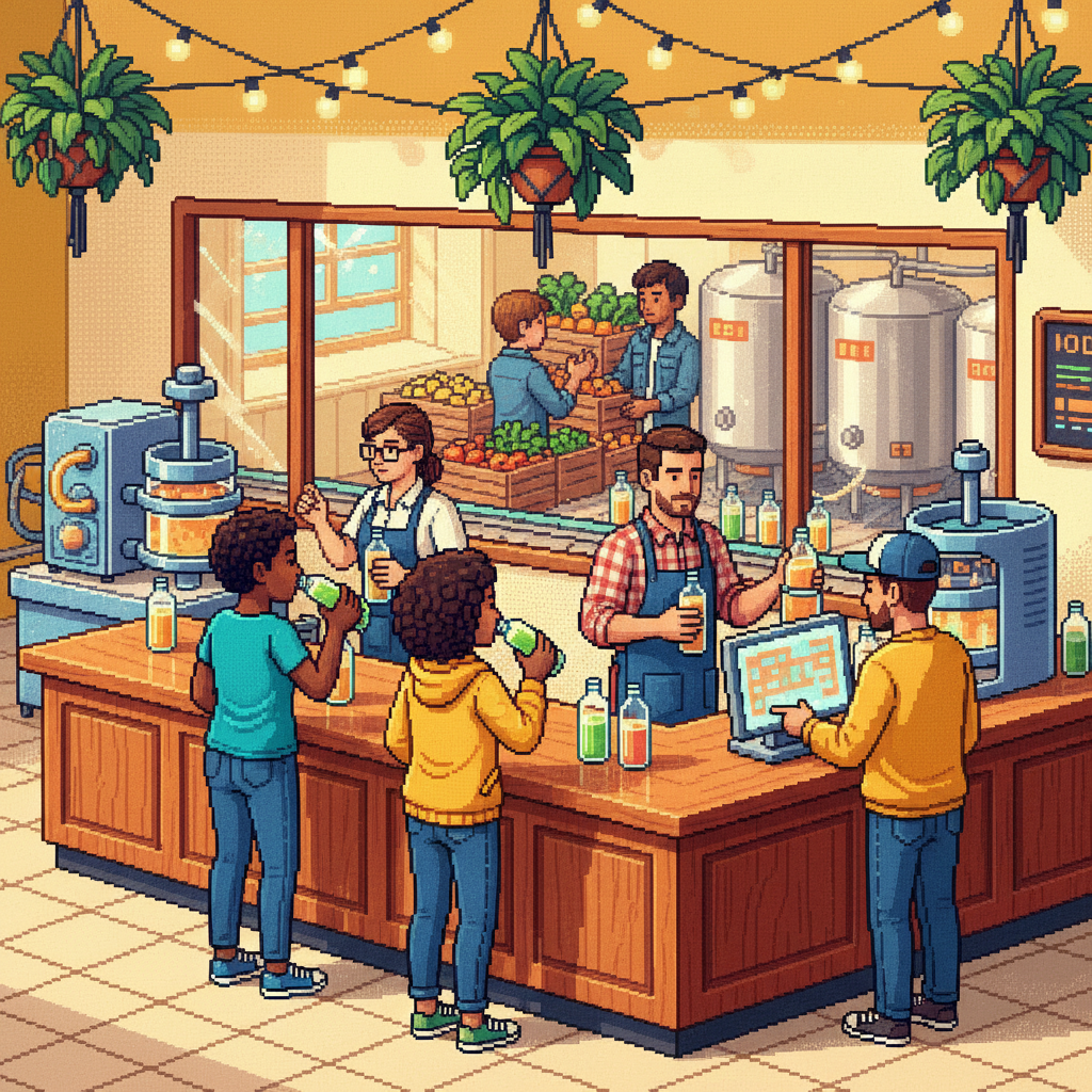 A clean, brightly lit modern grocery aisle where diverse shoppers in casual linen and denim clothing are examining vibrant, colorful glass bottles of cold-pressed juice; the atmosphere is airy and high-end, focusing on fresh premium produce.