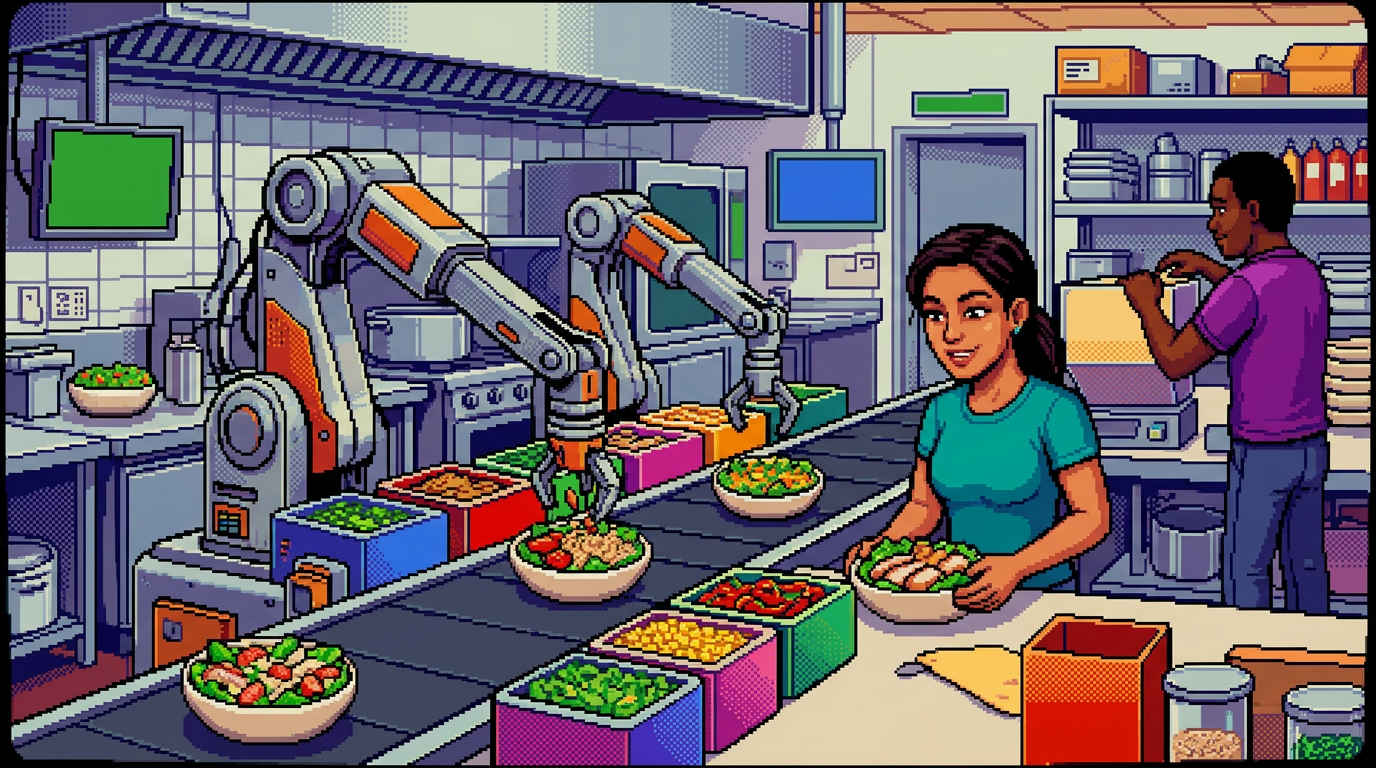 Robotic arm in a modern restaurant kitchen