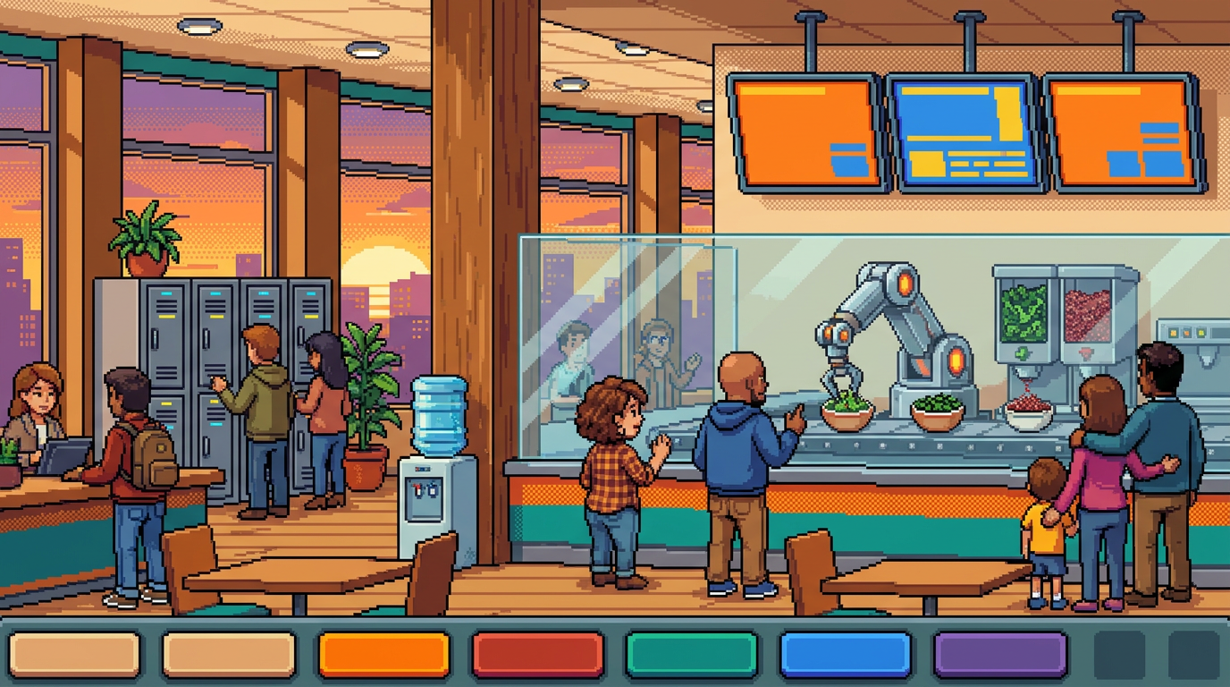 A wide pixel-art scene of an airy fast-casual restaurant where a sleek robotic arm deposits quinoa and kale into bowls while diverse customers watch through a glass partition and pick up their orders from digital lockers.