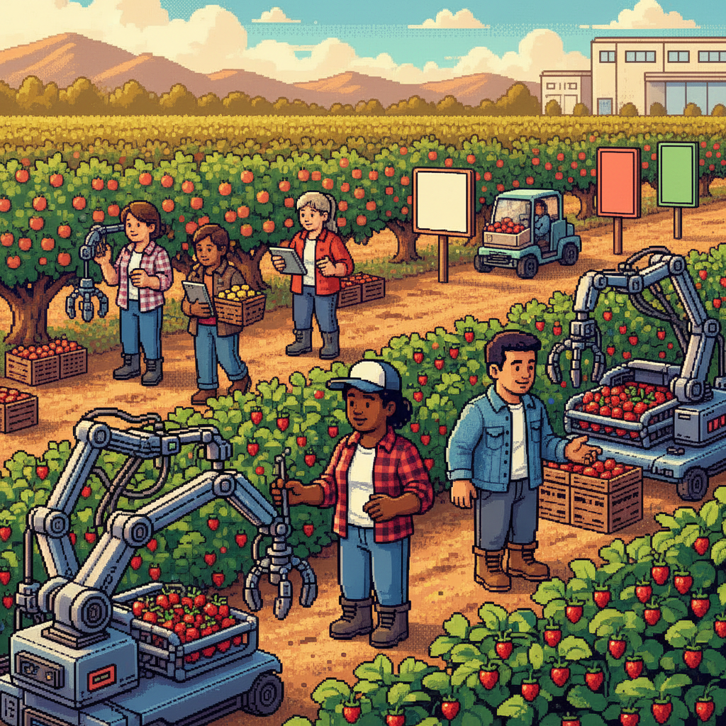 A diverse group of modern agricultural engineers and farm managers in casual outdoor gear standing in a sun-drenched California raspberry field, observing a sleek, multi-armed autonomous robot gently plucking ripe berries into crates.
