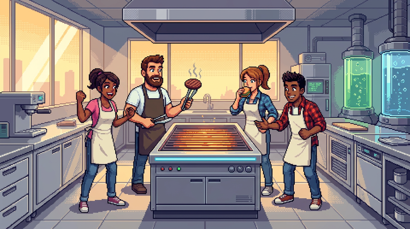 A group of diverse young professional chefs in a modern test kitchen excitedly sampling golden, sizzling burger patties from a high-tech grill, surrounded by stainless steel equipment and glowing bioreactor tanks in the background.