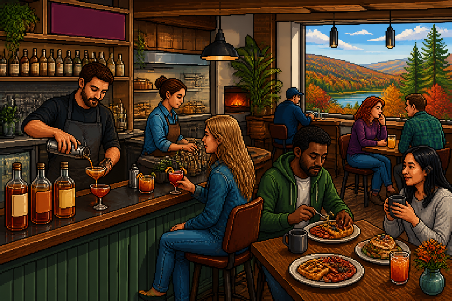 Pixel-art bearded Vermont sugar-shack farmer pouring dark amber maple syrup from a copper bucket on a snowy dusk evening