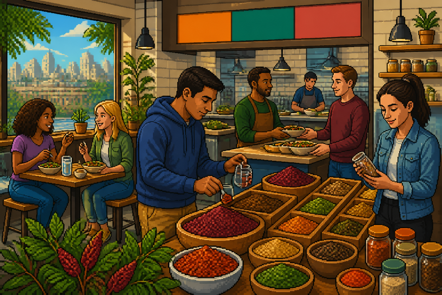 Pixel-art Levantine spice merchant scooping crimson sumac from a burlap sack in a sunlit market stall