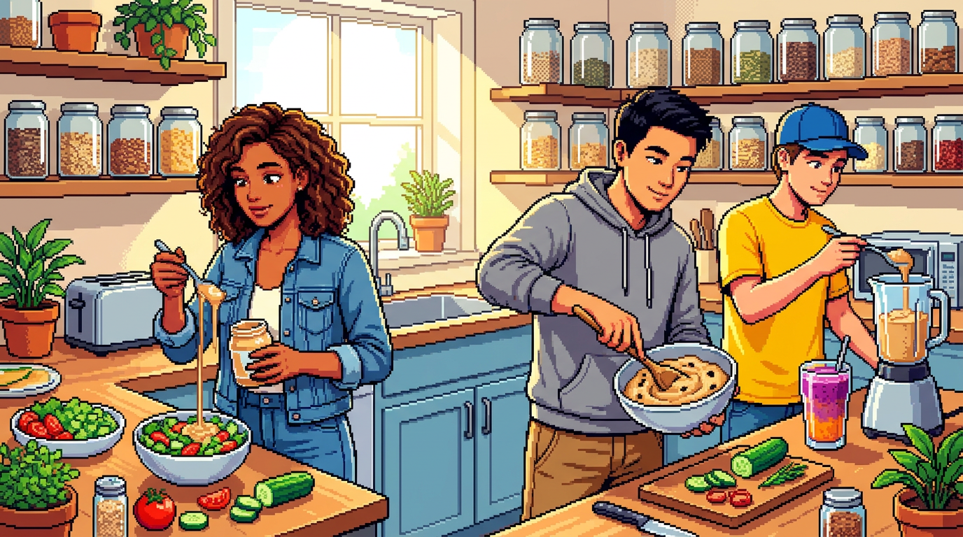 A vibrant modern kitchen scene where young adults are preparing different meals: one person drizzling tahini over a salad bowl, another mixing it into cookie dough, and a third adding a spoonful to a morning smoothie. Bright natural lighting and minimalist pantry jars.
