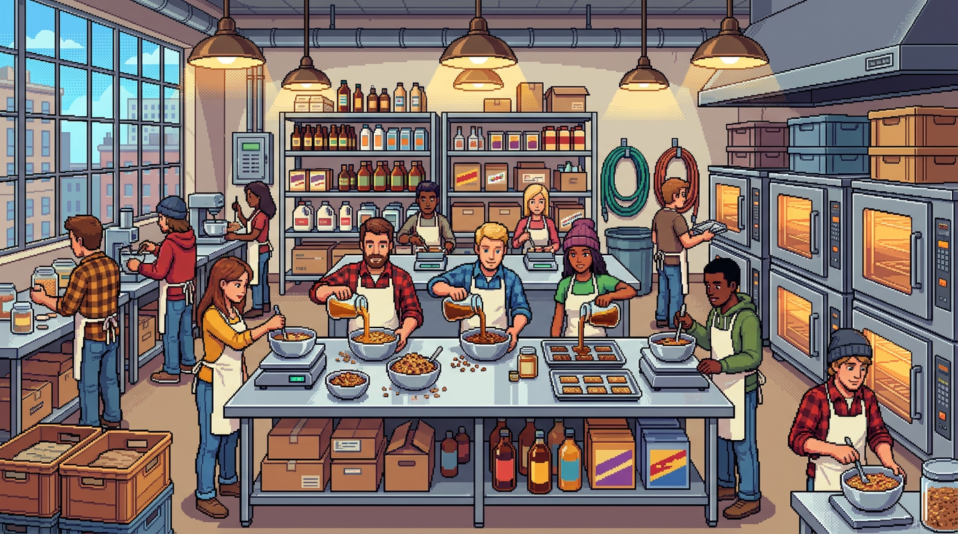 A diverse group of food product developers and kitchen staff in modern casual clothing standing around a stainless steel counter, pouring dark golden syrup from glass jars into granola mixes and energy bar molds in a brightly lit industrial kitchen.