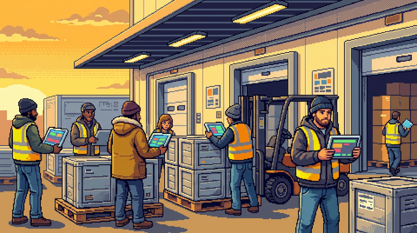 An industrial cold storage loading dock where workers in hi-vis vests use tablets to monitor glowing digital sensors on crates of fresh vegetables, pixel art style.
