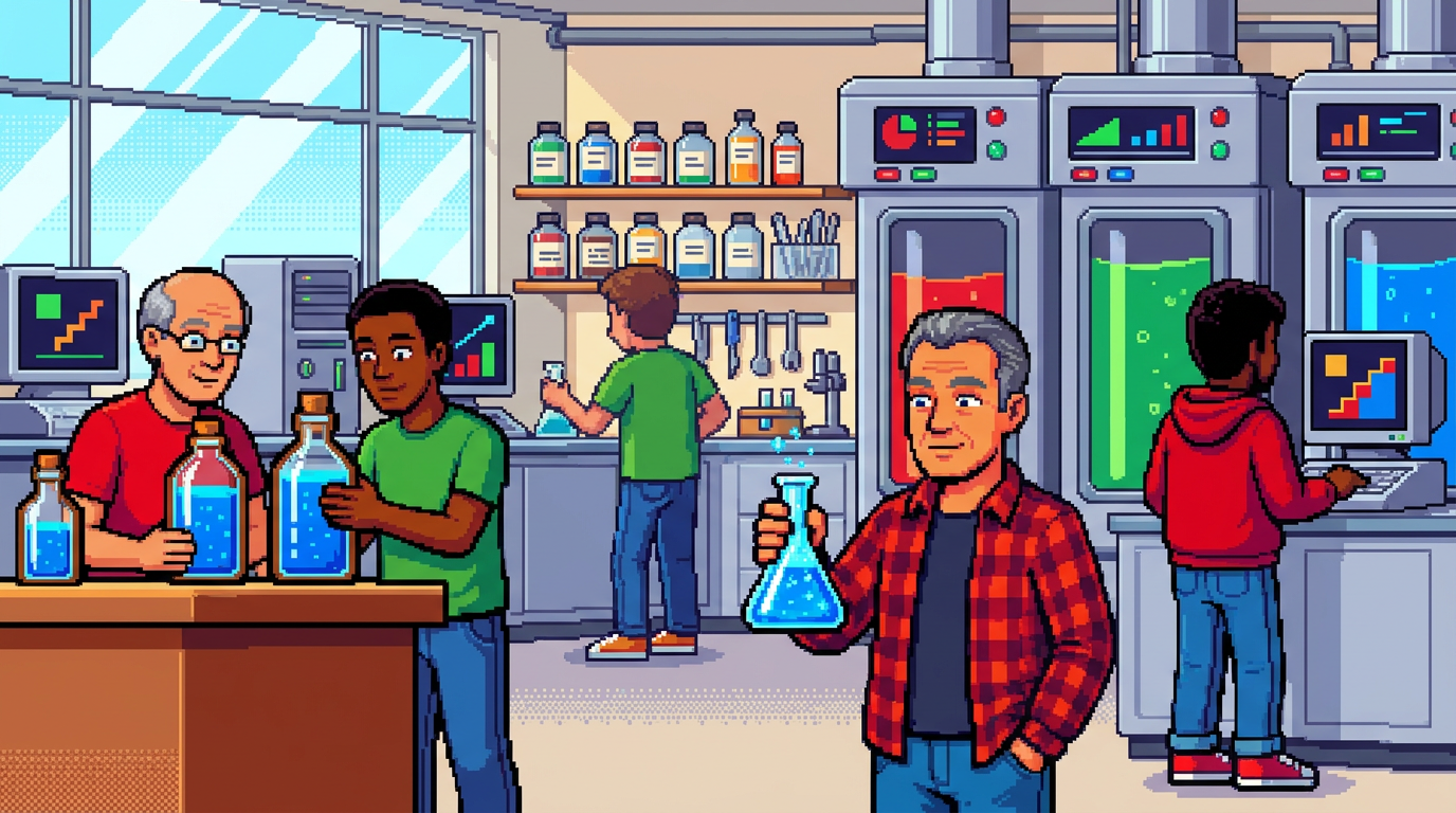 A diverse group of culinary scientists in a modern laboratory wear casual street clothes while examining vibrant blue yogurt and bright azure sparkling beverages in glass bottles; the scene features high-tech bioreactors in the background and a clean, minimalist aesthetic.