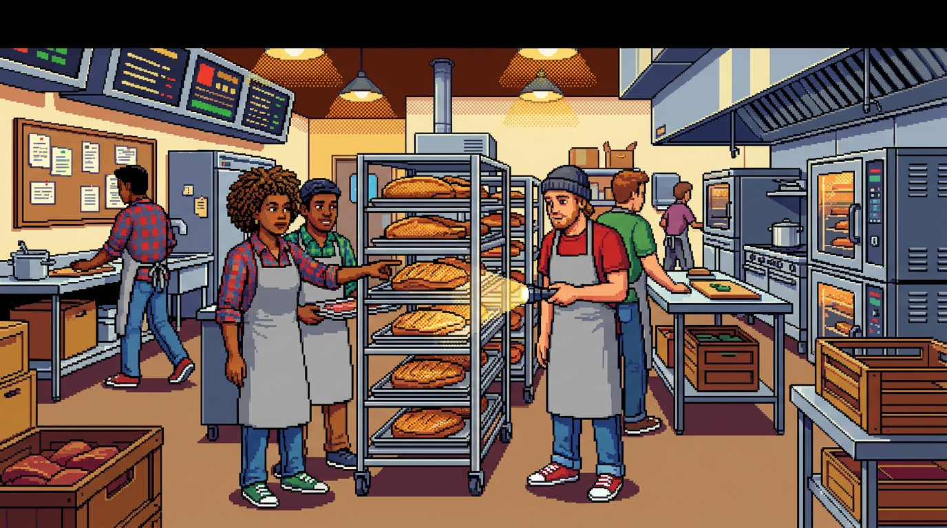 A diverse group of chefs in a modern industrial kitchen inspecting golden-brown, Koji-crusted meat slabs on stainless steel racks, wearing contemporary grey aprons.