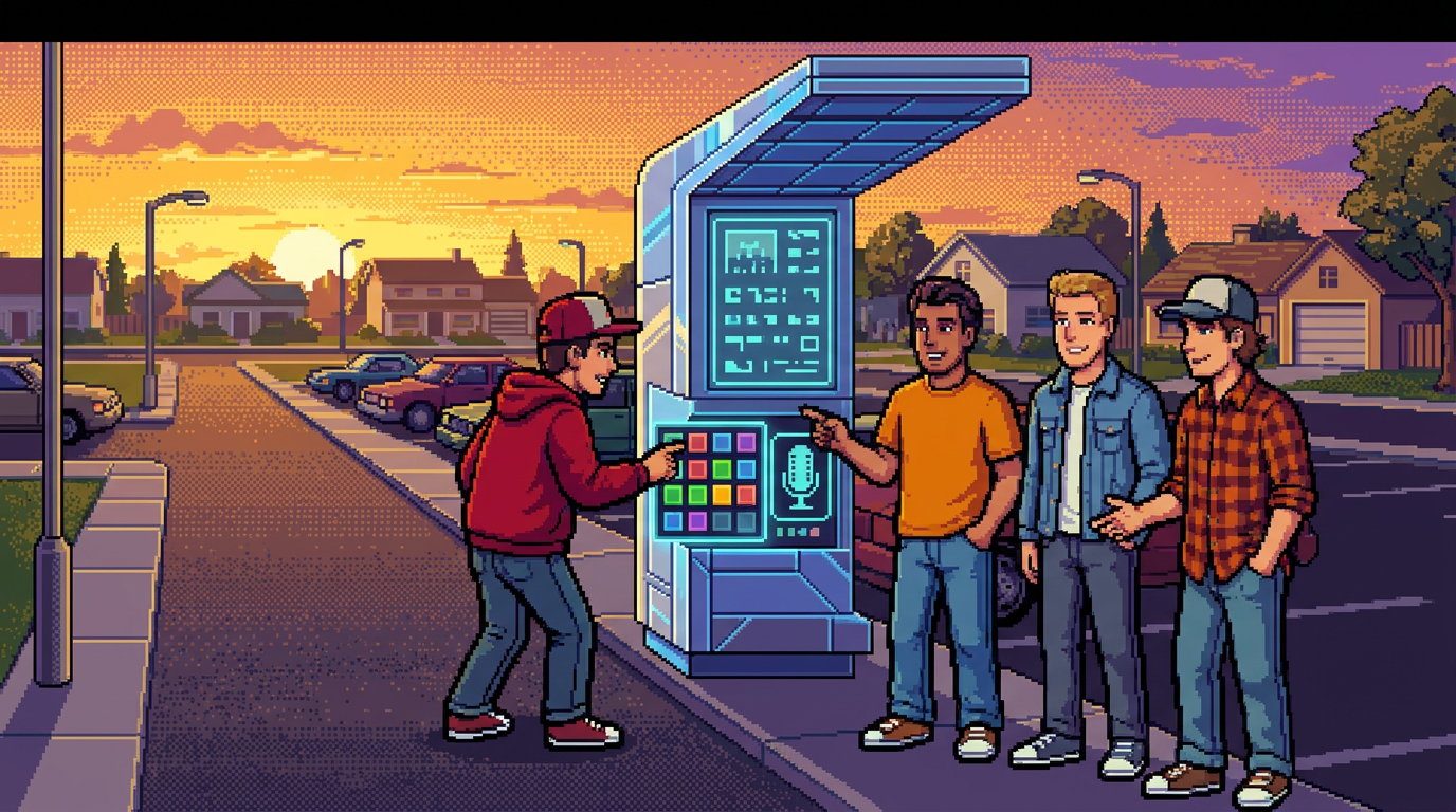 Five diverse friends in casual summer streetwear standing near a sleek, futuristic drive-thru kiosk with a glowing digital interface, one person speaking into the terminal, vibrant suburban sunset background, pixel art style.