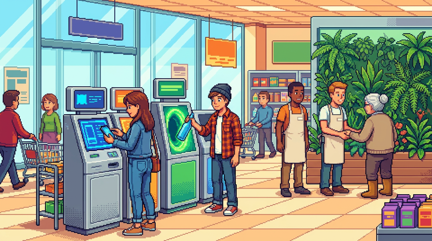 A diverse group of shoppers in a bright modern grocery store lobby using sleek interactive recycling kiosks. A woman taps her phone on a digital screen, a young man feeds a blue glass bottle into a glowing portal, and a store employee assists an elderly patron near a wall of lush green indoor plants.
