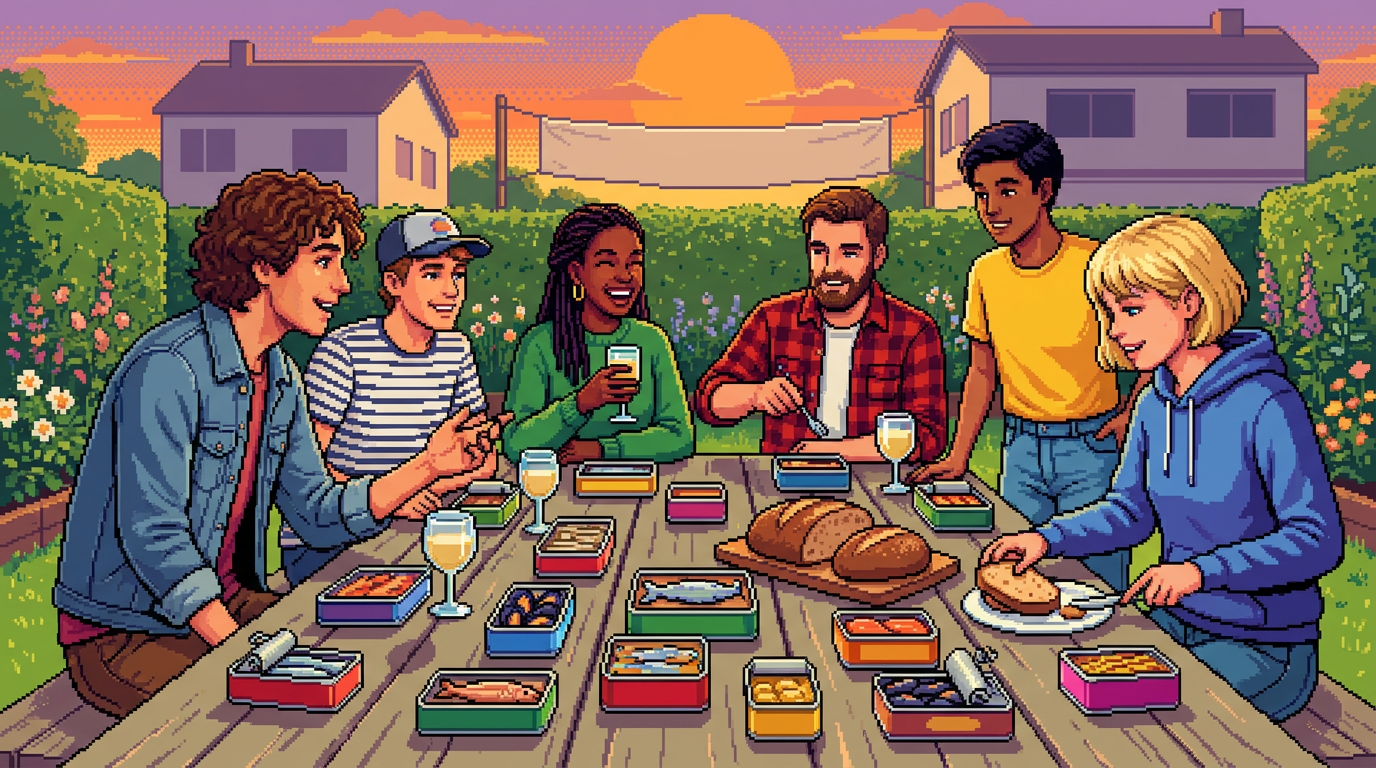 A pixel-art depiction of a diverse group of young adults at a backyard garden party, gathering around a long table filled with open colorful tins of sardines and mussels, sourdough bread, and glasses of white wine.