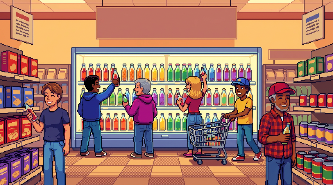 A pixel-art scene of a modern bright grocery store aisle where diverse shoppers are picking up glass bottles of colorful sparkling water kefir from a refrigerated case.