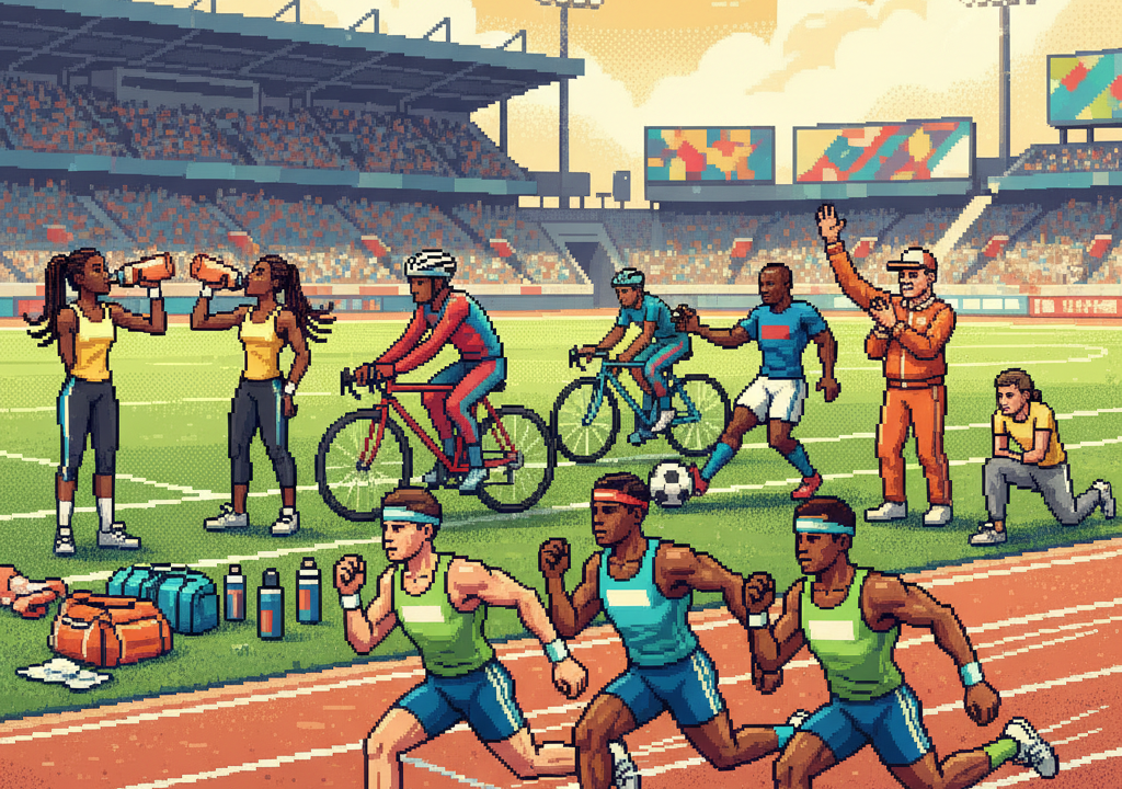 A pixel art image depicting a vintage pharmacy counter next to a modern athletic field, symbolizing transition and evolution.