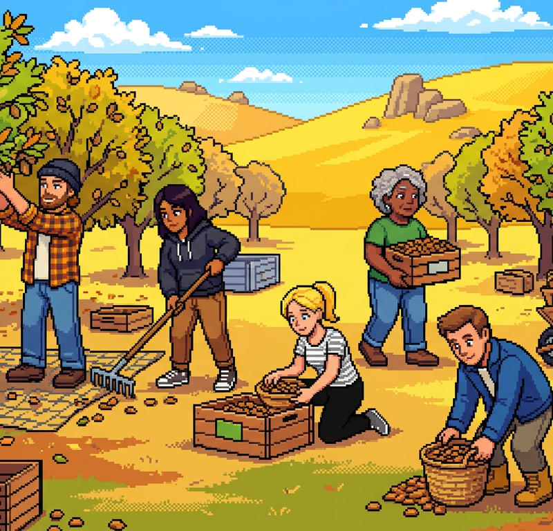Pixel-art almond grove at harvest with a diverse group of workers shaking branches, raking and gathering nuts into crates and baskets