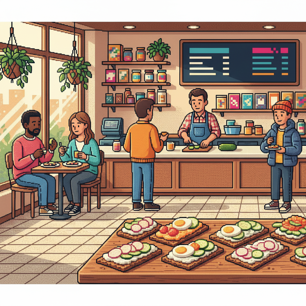 Bright pixel-art cafe scene with customers and rye crispbreads topped with cucumber, radish and egg.