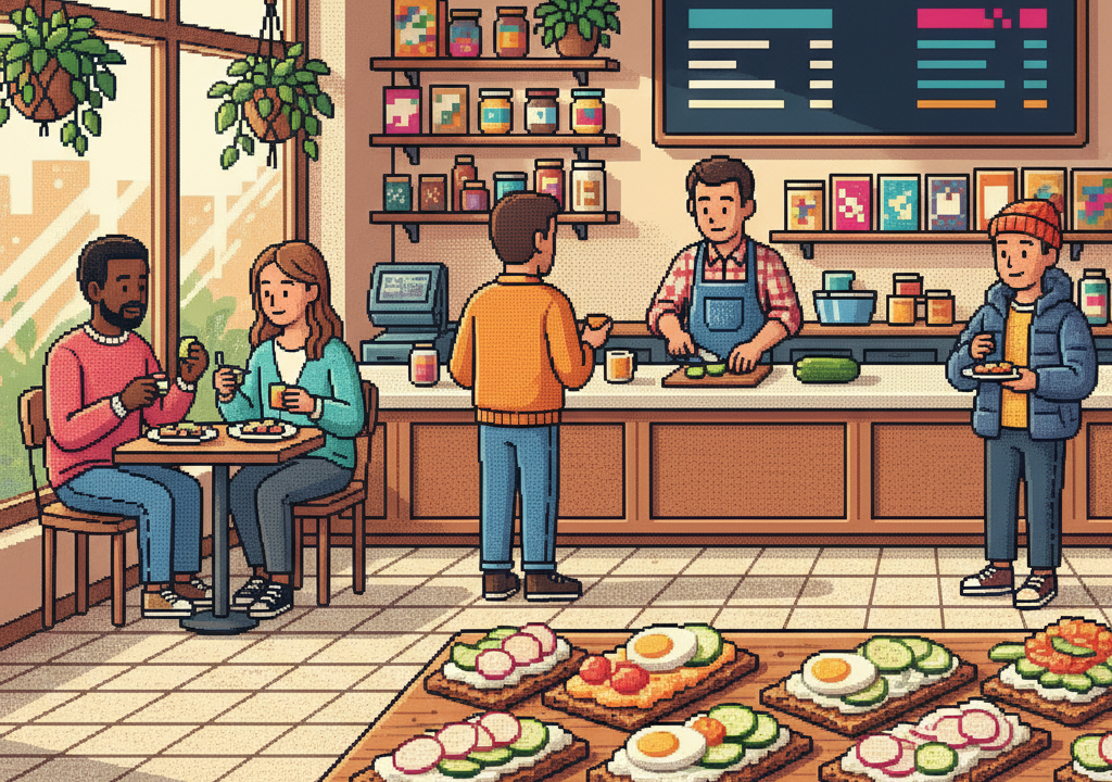 Bright pixel-art cafe scene with customers and rye crispbreads topped with cucumber, radish and egg.