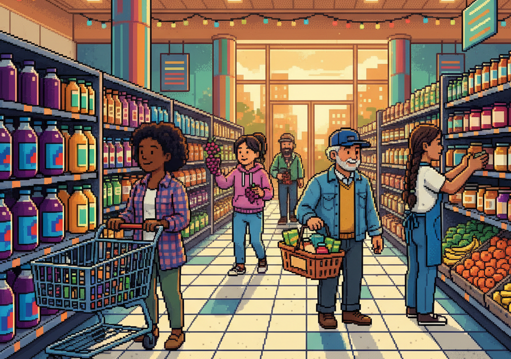 A light, faded 16-bit pixel-art scene showing a dentist inspecting a bottle of dark purple grape juice while a diverse family shares glasses at a table and a shopper picks bottles from a store shelf.